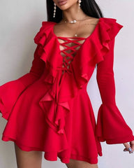 Stylish V Neck Slim-fit Tie-up Ruffle Bell Sleeve Dress