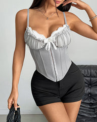 Sexy Sheer Mesh Lace Patchwork Boning Spaghetti Straps Corset Top