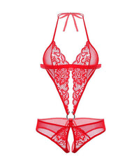 Sexy Lace Sheer Abdominal Ring Closure Open Crotch Bodysuit