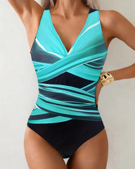 Beach Vacation Deep V Colorblock Cross-Strap One-Piece Swimsuit