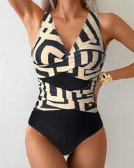 Beach Vacation Deep V Colorblock Cross-Strap One-Piece Swimsuit
