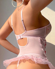 Sexy Pink See-Through Floral Embroidered Mesh Bodysuit Lingerie