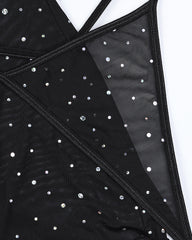 Sexy Rhinestone Feather Patchwork See-Through Elastic Mesh Slit Lingerie Nightgown