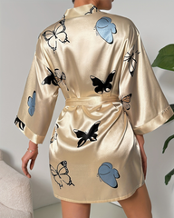 Elegant Champagne Satin Butterfly Print Kimono Robe