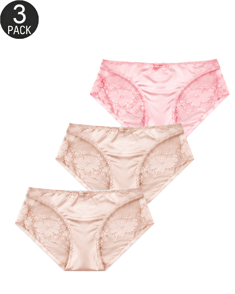 3-Pack Mixed-Color Satin-Look Briefs with Floral Lace Panels