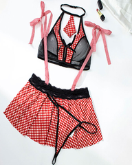 Red Gingham Halter Fishnet Bra & Ruffle Mini Skirt Lingerie Set