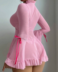 Sexy Sheer Mesh Ruffle Long Sleeve Babydoll Lingerie