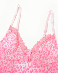 Sexy Deep V Flocked Leopard Print See-Through Mesh Bodycon Nightgown