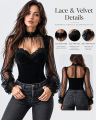 Velvet Sheer Lace Mesh Puff Sleeves Top
