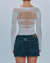 Sexy Rhinestone Stretch Fishnet Round Neck Long Sleeve Bodysuit