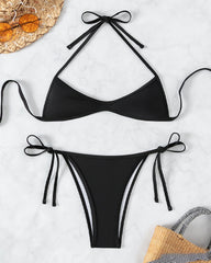 Sexy Solid Color Halter Neck Mini Pleated Beach Bikini