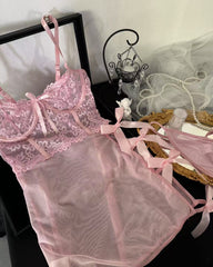 Sexy Mesh See-through Lace Bow Decoration Bodycon Nightgown Set