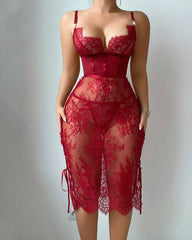 Sexy Flower Lace Hollow See-Through Side Strap Long Suspender Dress