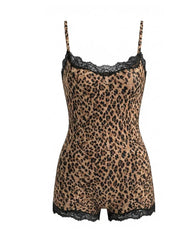 Retro Animal Print Lace Trim Stretch Sleeveless Seamless Bodysuit