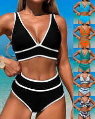 Beach Vacation V-neck Colorblock Print Two-Piece Swimsuit
