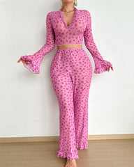 Valentine's Day Heart Print V-Neck Flared Long-Sleeved Top and Pants Pajama Set