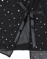 Sexy Rhinestone Feather Patchwork See-Through Elastic Mesh Slit Lingerie Nightgown