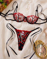Sexy Sheer Mesh Heart-shaped Embroidery Underwire Lingerie Set