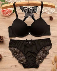 Front-fastening Underwire Butterfly Back Bra and Lace Patchwork Panty Set