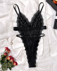 Deep V-neck Lace-trimmed Striped See-through Mesh Sexy Lingerie Bodysuit