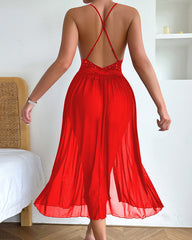 Sexy Deep V-neck Backless Rhinestone Long Slit See-through Mesh Nightgown