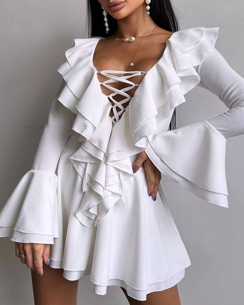 Stylish V Neck Slim-fit Tie-up Ruffle Bell Sleeve Dress