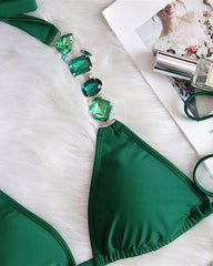 Sexy Solid Color Diamond Chain Embellished Beach Vacation Bikini