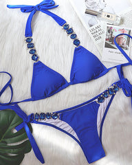 Sexy Solid Color Diamond Chain Embellished Beach Vacation Bikini