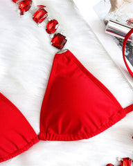 Sexy Solid Color Diamond Chain Embellished Beach Vacation Bikini