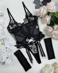 Blue Flower Embroidered Mesh Hollow Sexy Bodysuit