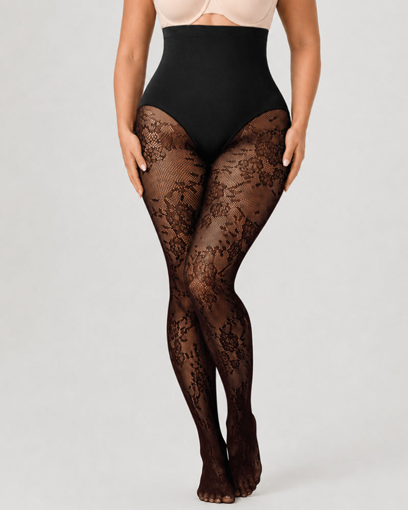 High Waist Control Tummy Floral Lace Shaping Pantyhose