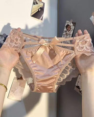 Sexy Low-rise Satin Bow-embroidered See-through Lace Panties