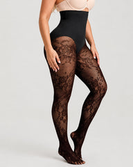 High Waist Control Tummy Floral Lace Shaping Pantyhose