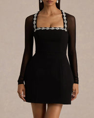 Black Crepe Rhinestone Square Neck Sheer Mesh Long-sleeved Mini Dress