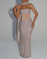 Sexy Sequined Ribbon Sleeveless Strapless Long Dress