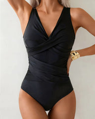 Beach Vacation Deep V Colorblock Cross-Strap One-Piece Swimsuit