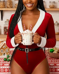 Sexy Christmas Plush Bodysuit with Belt and Snap Crotch