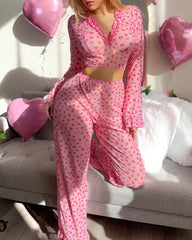 Valentine's Day Heart Print V-Neck Flared Long-Sleeved Top and Pants Pajama Set