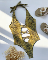 Snake-print Cutout Halter Neck Strap One-piece Swimsuit