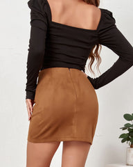 Suede Pleated Irregular Zipper Bodycon Mini Skirt