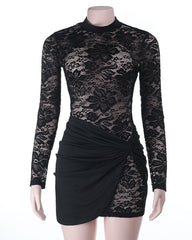 Sexy Lace See-through Round Neck Long-sleeved Bodycon Mini Dress