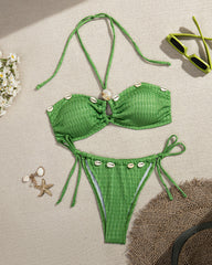 Beach Vacation Seashell Embellishments Sexy Cross-neck Halter Top Bikini Swimsuit Set