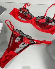 Sexy Colorblock Flower Embroidered Underwire Mesh Bra Set