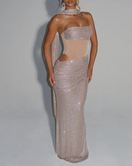 Sexy Sequined Ribbon Sleeveless Strapless Long Dress