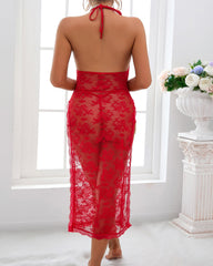 Sexy Halter Neck Lace Sheer Mesh High Slit Chain-embellished Long Nightgown