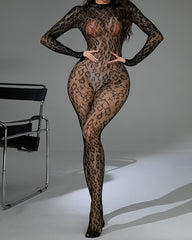 Leopard Sexy Backless Lace Fishnet Stretch Tight Long-sleeved Bodysuit