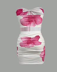 Beach Vacation Floral Print Strapless Top and Tight Skirt Set