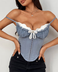 Sexy Sheer Mesh Lace Patchwork Boning Spaghetti Straps Corset Top