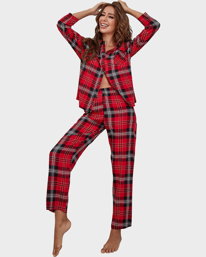 Conjunto de pijama de manga larga a cuadros navideños - Gran cuadro
