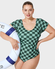 Traje de baño modesto de una pieza con mangas cortas y marca de verificación verde